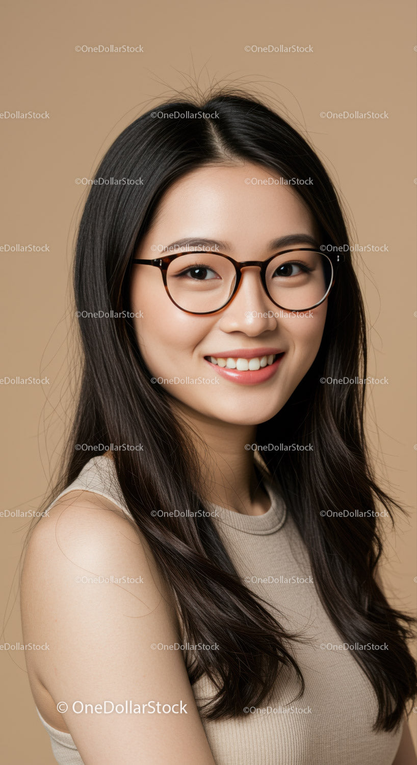 Stylish Woman Wearing Glasses with Long Hair Smiling Portrait