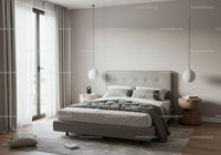 Modern Bedroom with Gray Headboard and Pendant Lighting