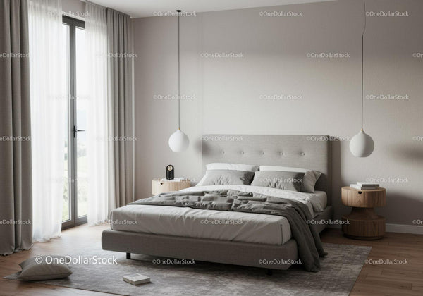 Modern Bedroom with Gray Headboard and Pendant Lighting