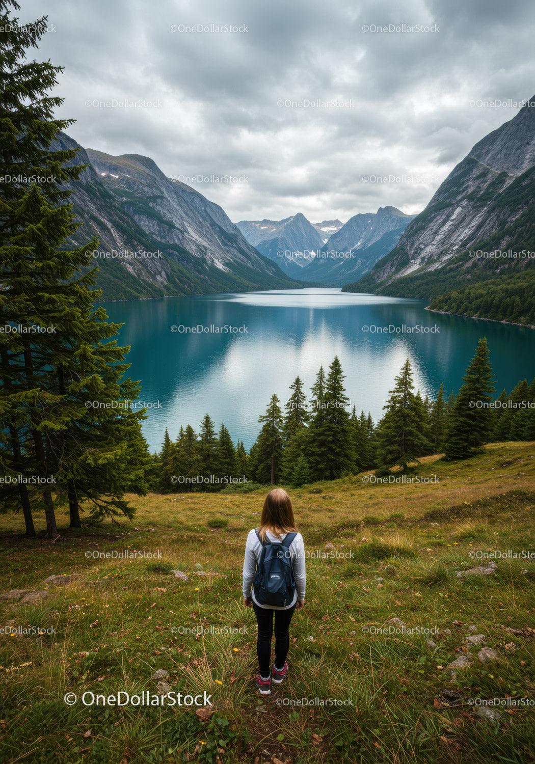 Scenic Mountain Lake with Pine Trees and Woman Hiker