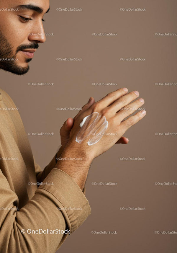 Man Applying Lotion to Hand Ushering Personal Grooming Routine