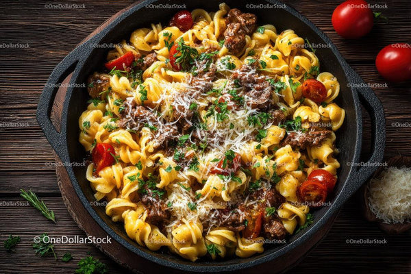Hearty beef stew with cherry tomatoes and grated cheese in a skillet