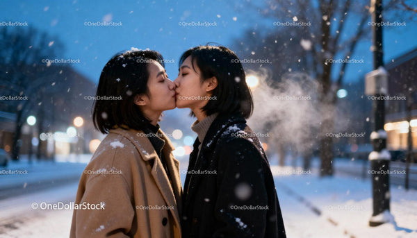Couple sharing a tender kiss on a snowy evening street