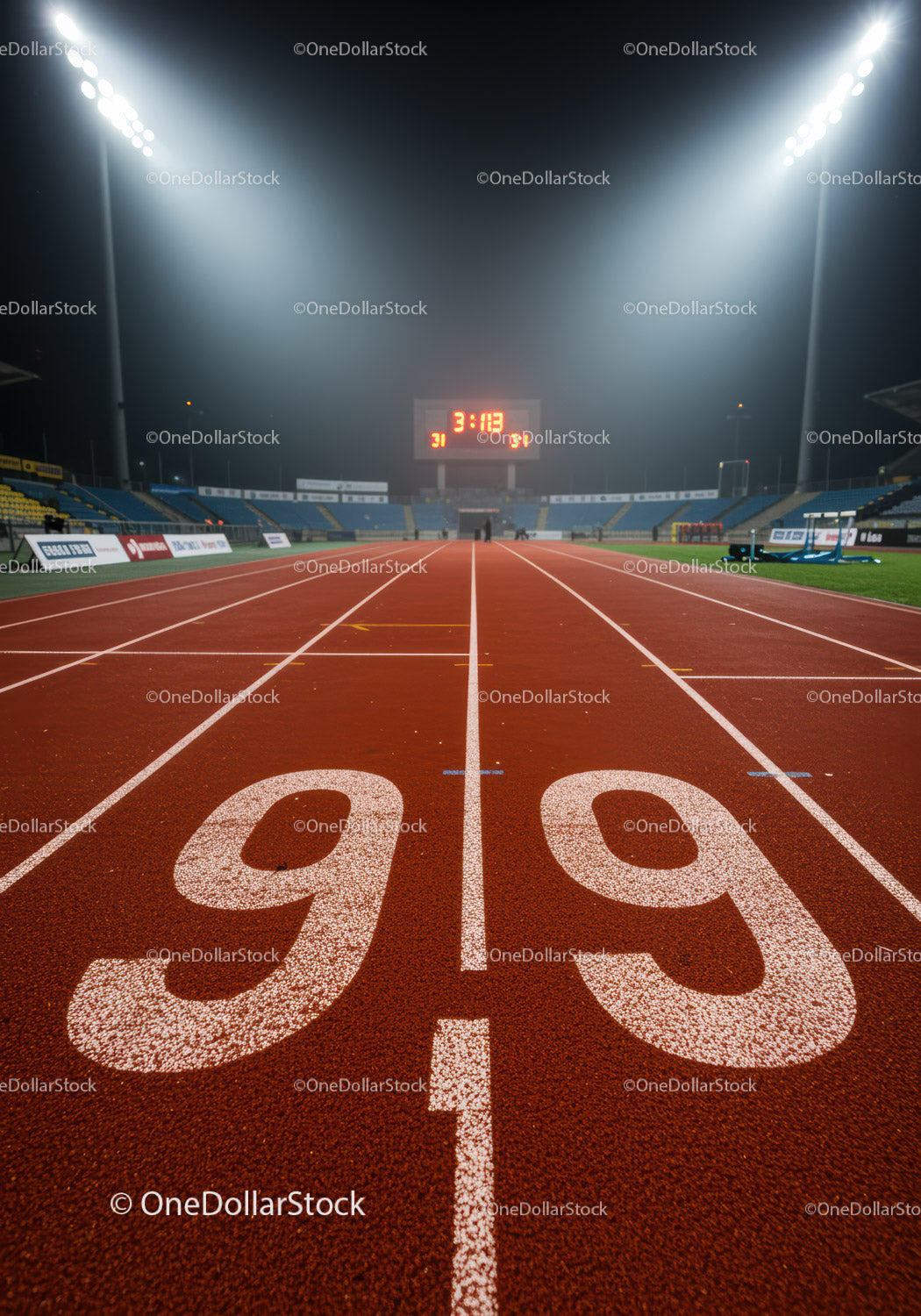 Illuminated Running Track with Starting Line at Night