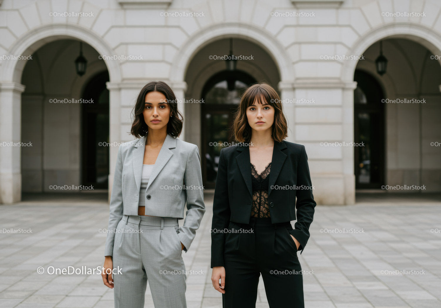 Eleganckie kobiety biznesu stojące przed klasyczną architekturą miasta