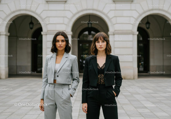 Elegant Businesswomen Standing in Front of Classic City Architecture