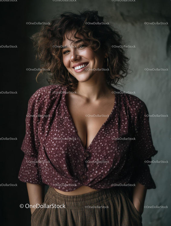 Happy Young Woman with Curly Hair Wearing Floral Blouse and Brown Skirt