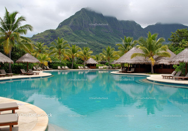 Tropical Resort with Infinity Pool Surrounded by Palm Trees and Mountain View