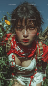 Bold Fashion Portrait of Woman with Wet Hair Amid Greenery