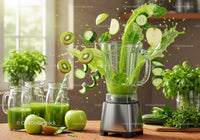 Fresh green smoothie ingredients splashing in blender