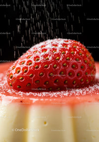 Close up of strawberry with sugar on creamy dessert
