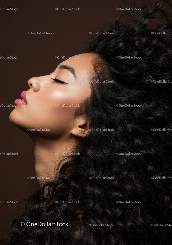Elegant woman with closed eyes and voluminous curly hair