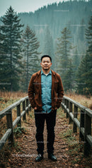 Man Standing on Forest Trail Bridge in Autumn