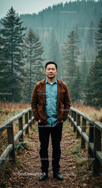Man Standing on Forest Trail Bridge in Autumn