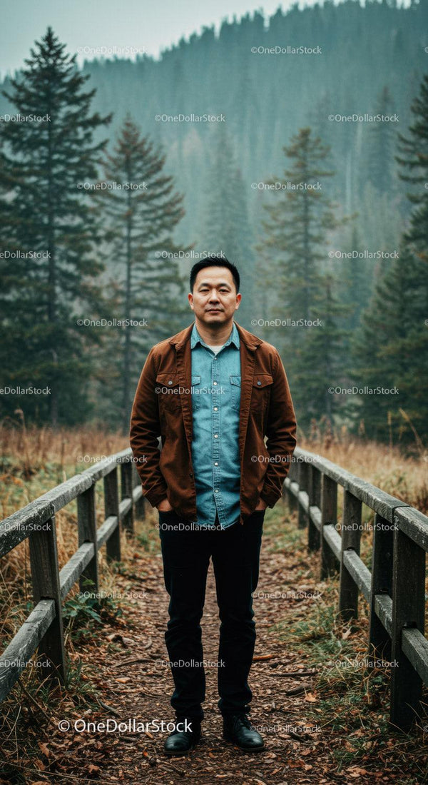 Man Standing on Forest Trail Bridge in Autumn