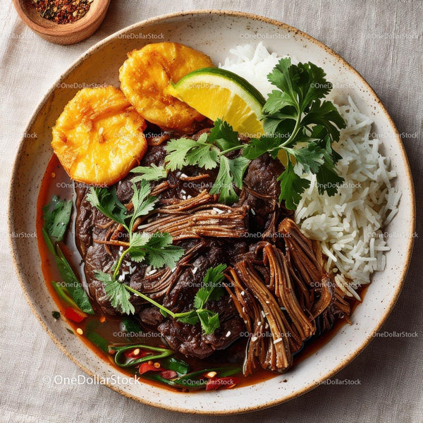 Savory Beef Stew with Rice and Fried Plantains