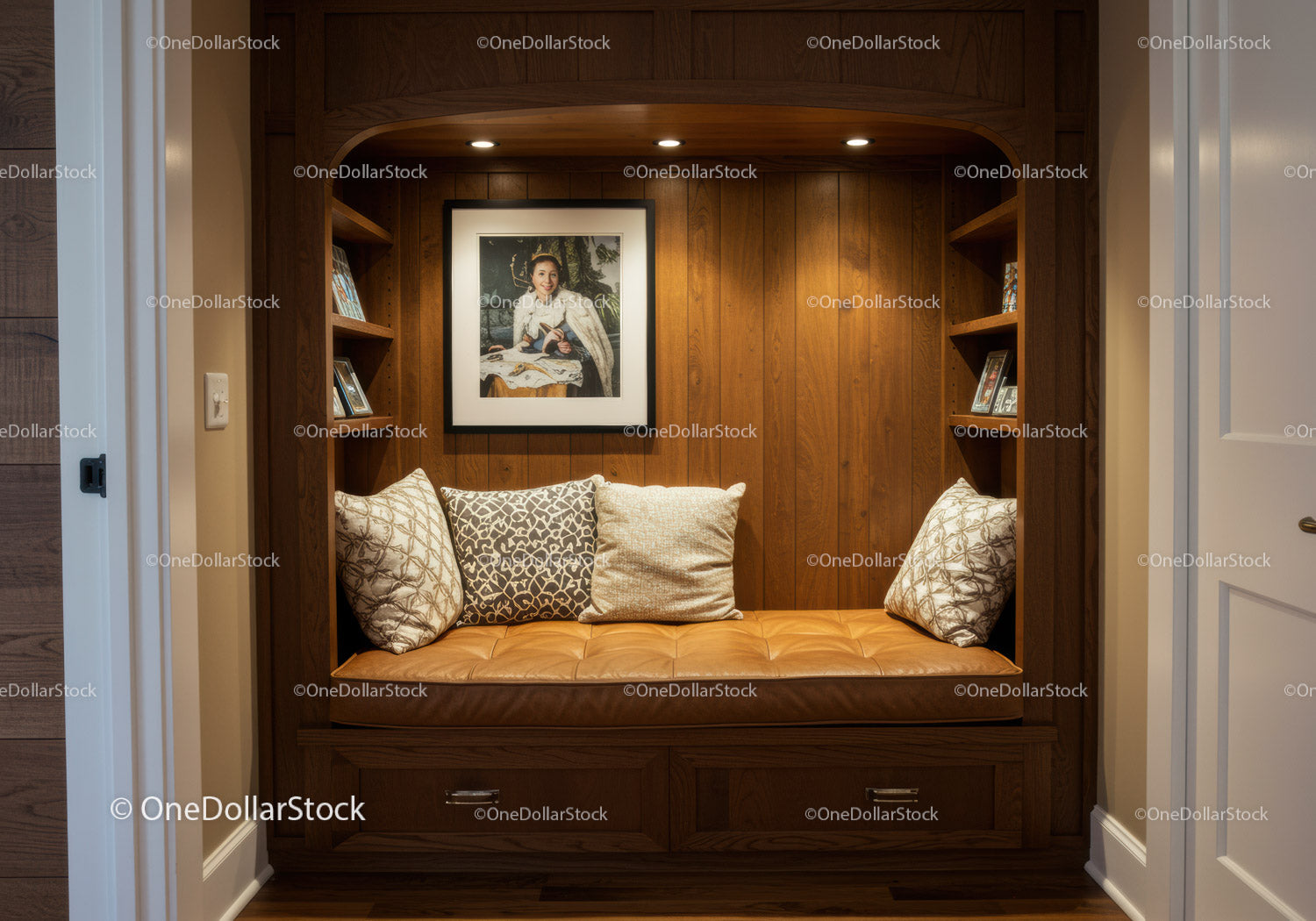Elegant Wooden Nook with Cushioned Seating and Framed Portrait