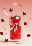 Red soda can with bow surrounded by cherries and feathers