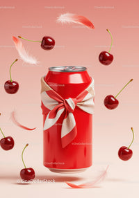 Red soda can with bow surrounded by cherries and feathers