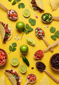 Fresh ingredients and tacos on bright yellow background