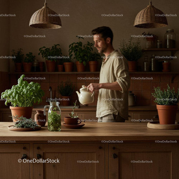 Man Watering Fresh Basil and Herbs in a Cozy Kitchen Stock Photo Bundle (12 JPG Files)