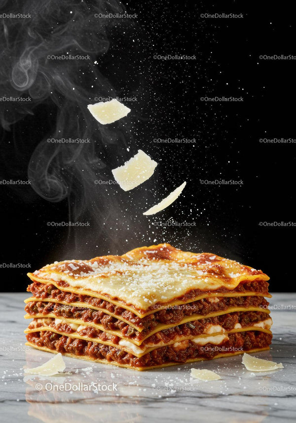 Hot homemade lasagna with falling Parmesan cheese