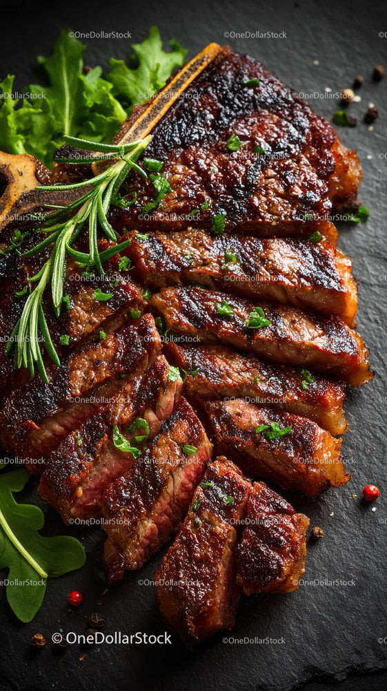 Grilled Beef Ribs with Fresh Green Herbs on Plate