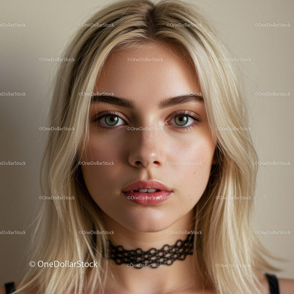 Young Woman with Blonde Hair and Green Eyes in Studio Portrait