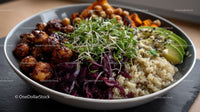 Colorful Vegan Bowls with Chickpeas Sweet Potatoes Red Cabbage and Quinoa