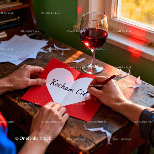 Writing a heartfelt love note with red wine by sunset