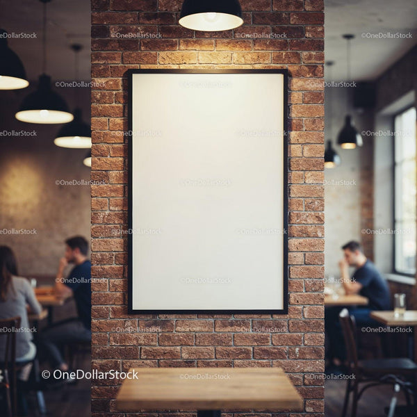 Blank poster on brick wall in cozy cafe interior JPG Mockup Image