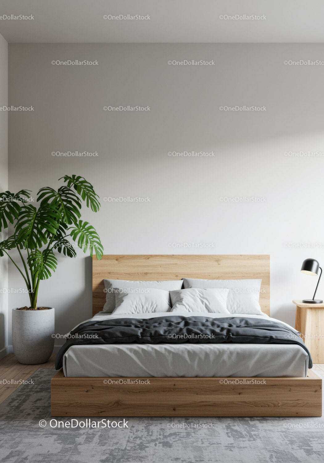 Elegancka, nowoczesna sypialnia z rośliną Monstera i drewnianą ramą łóżka