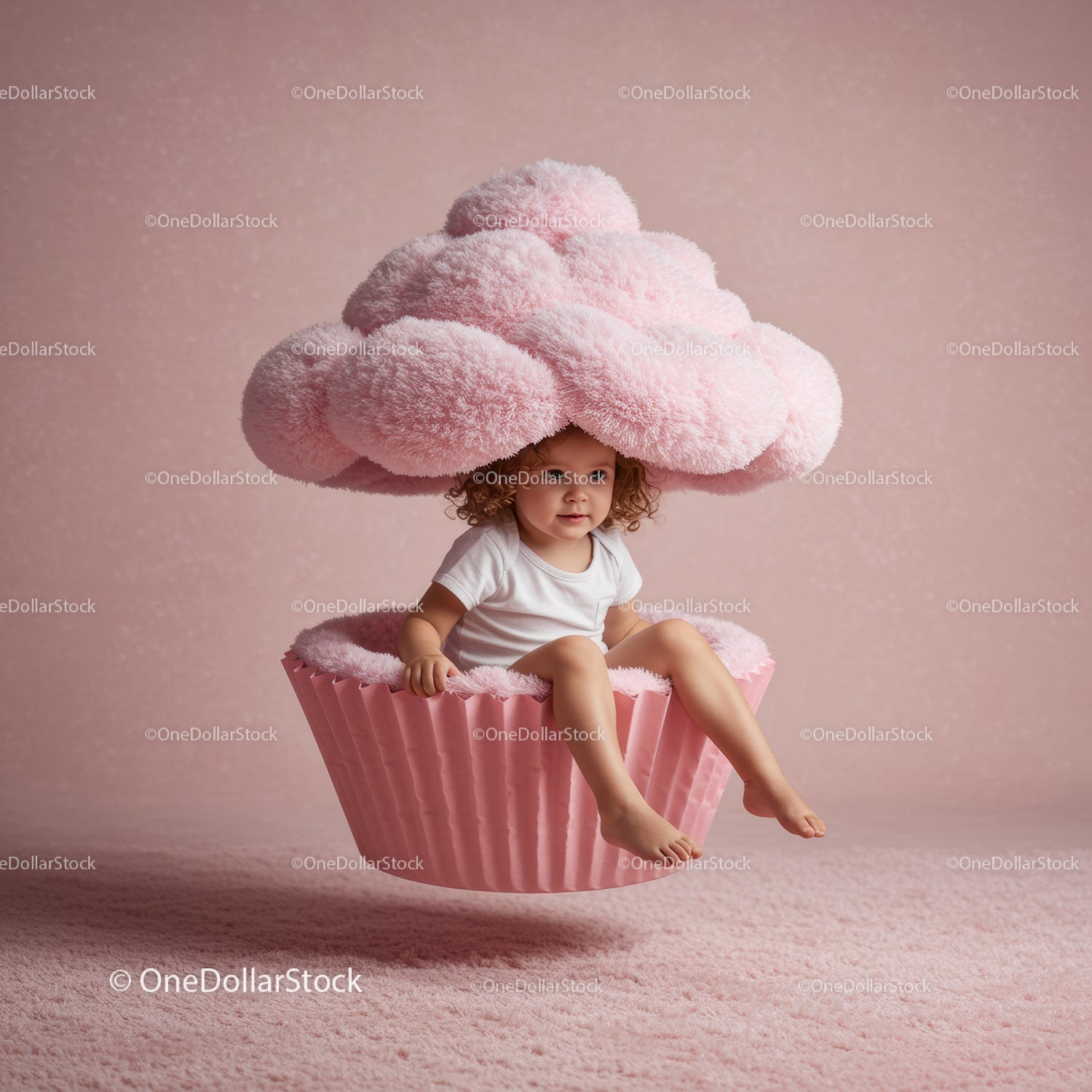 Toddler Sitting Inside Giant Fluffy Pink Cupcake