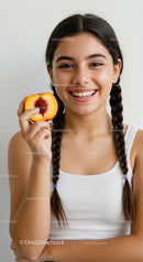 Young Smiling Girl Holding Peach with Heart-Shaped Seed