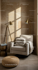 Cozy beige armchair nook with warm natural light