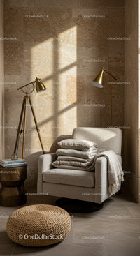 Cozy beige armchair nook with warm natural light