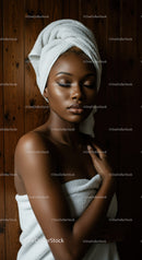 Relaxing spa woman with towel and skincare in cozy setting