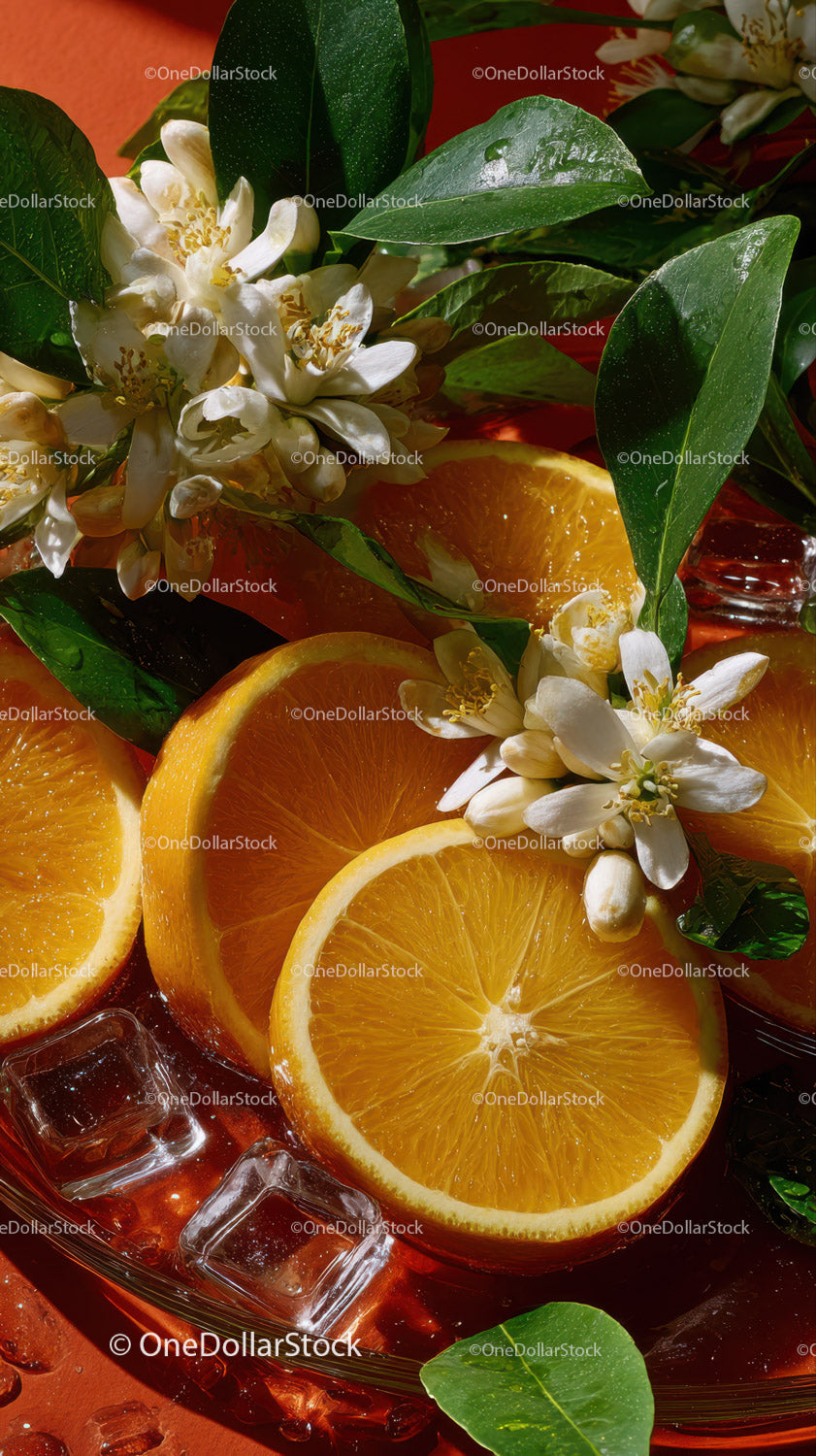 Fresh Orange Slices with Blossom and Green Leaves on a Glass Plate