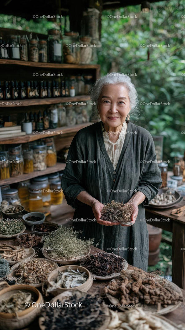 Elderly Woman Showcasing Herbal Remedies in Rustic Herbal Shop