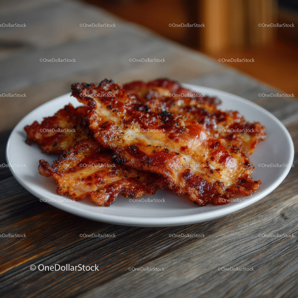 Crispy Fried Bacon on White Plate with Wooden Background