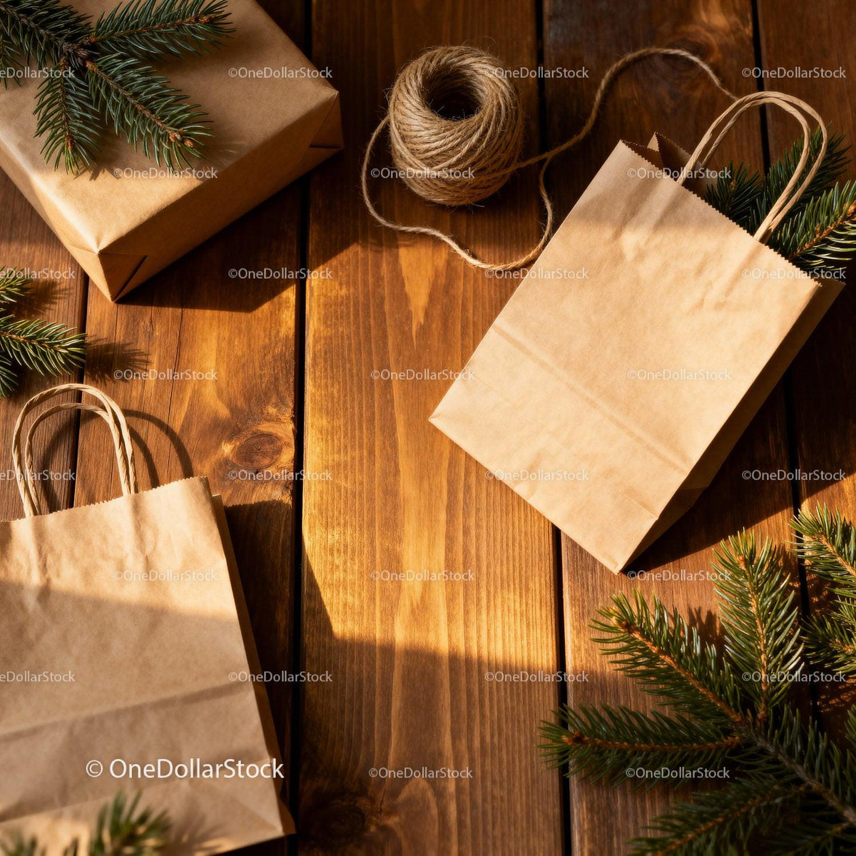 Natural Kraft Paper Bags and Wrapped Gift with Pine Branches JPG Mockup Image preview