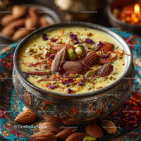 Exotic Indian Dessert with Nuts and Edible Flowers in Ornate Bowl