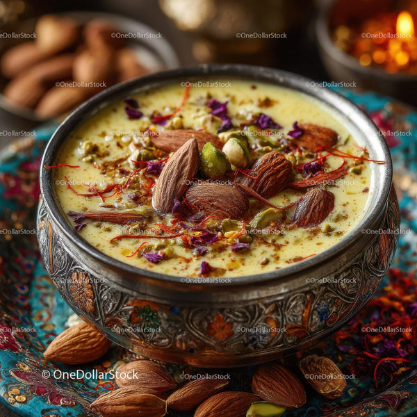 Exotic Indian Dessert with Nuts and Edible Flowers in Ornate Bowl