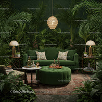 Cozy green velvet sofa in lush indoor jungle living room