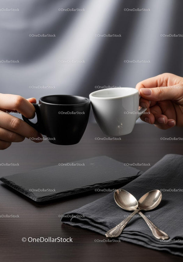 Two Ceramic Coffee Cups on Dark Wooden Table with Silver Spoons