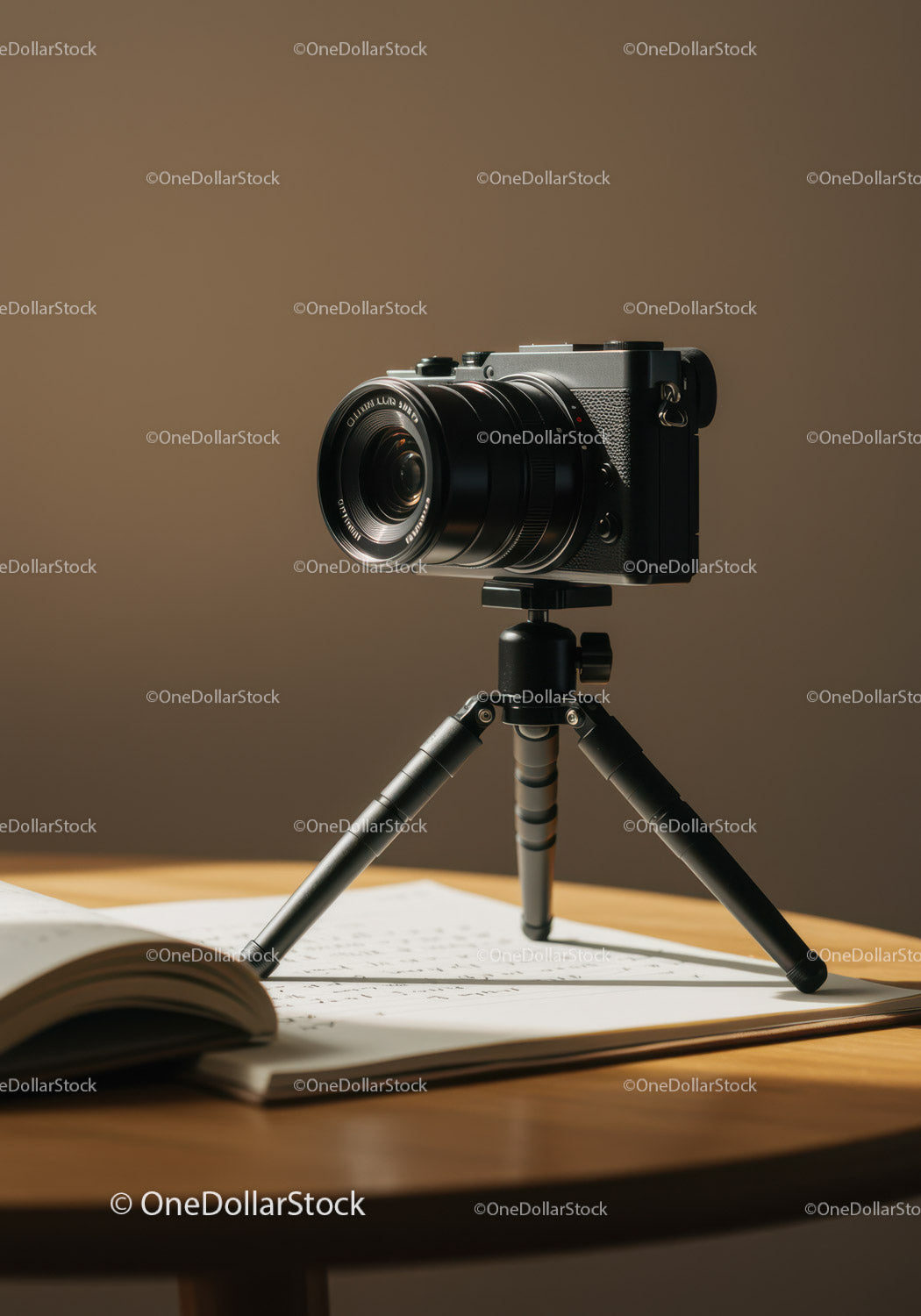 Modern Black Digital Camera with Tripod on Wooden Table