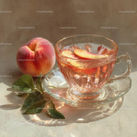 Peach Slices in Elegant Glass Teacup on Light Background