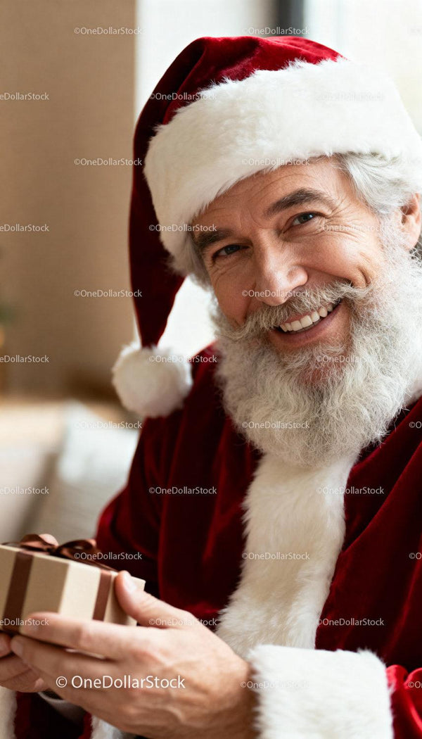 Smiling Mature Man in Santa Claus Suit with Gift