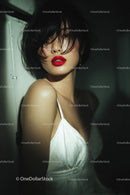 Elegant Woman with Red Lips in Stylish Evening Dress