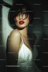 Elegant Woman with Red Lips in Stylish Evening Dress